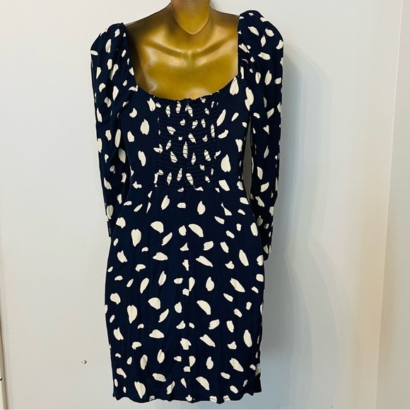 Reformation Navy White Print Mini Dress Long Sleeve Sweetheart Neck Size 4 - Picture 7 of 9